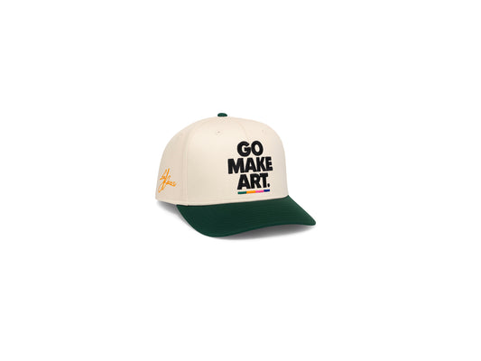 “GO MAKE ART” logo SnapBack (Off white w green brim)