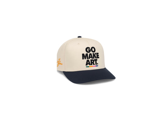 “GO MAKE ART” logo SnapBack ( off white w navy brim)