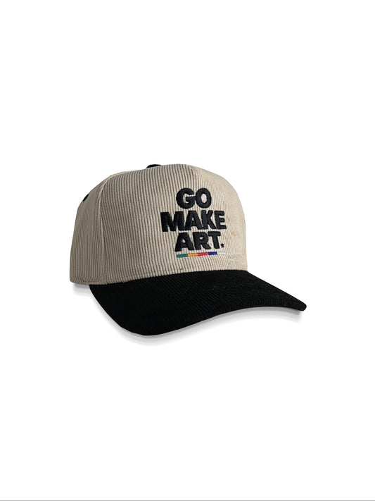 "GO MAKE ART" Logo Corduroy Snapback (off white W black Brim